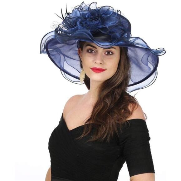 Women's Organza Church Kentucky Derby Hat Navy Blue